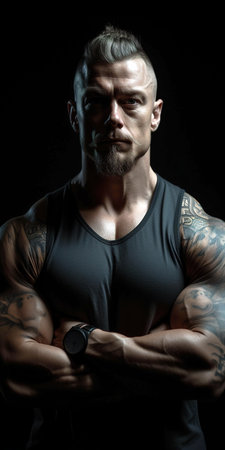 Young man body builder portrait over dark background. Generative AI vertical shotの素材