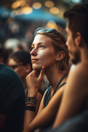 Caucasian girl enjoying summer music festival among the crowd. Close up. Generative AI vertical shotの素材