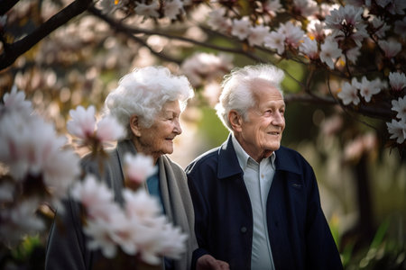 Senior mature couple walking in public park under cherry blossom trees. Generative AIの素材