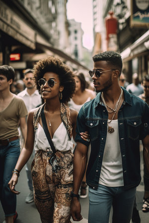 Cool hippie chic couple of African American young adult walking in the street. Generative AI vertical shotの素材
