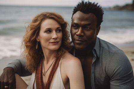 Interracial couple enjoying summer vacations at the beach. Generative AIの素材