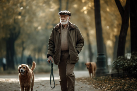 Senior old man walking his dog in the park in autumn. Generative AIの素材