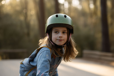 Head shot of young little girl skateboarding in the park. Generative AIの素材