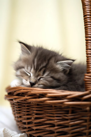 Cute little kitten sleeping in wicker basket. Close up shot. Generative AI vertical shotの素材