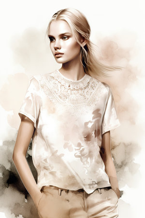 Watercolor digital illustration of Caucasian woman posing like model. Generative AI vertical shotの素材
