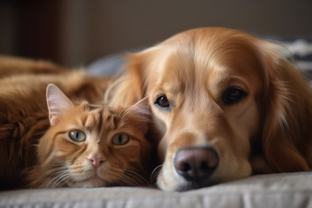 Close up shot of adorable cat and dog resting together. Generative AIの素材