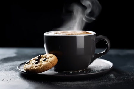 Close up shot of cup of hot coffee with cookies over dark background. Generative AIの素材