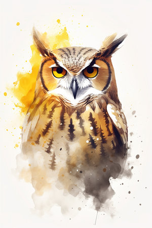 Watercolor illustration of owl over white background. Generative AI vertical shotの素材