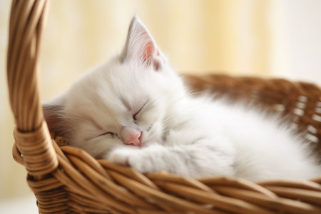 White little kitten taking nap over wicker basket. Generative AIの素材