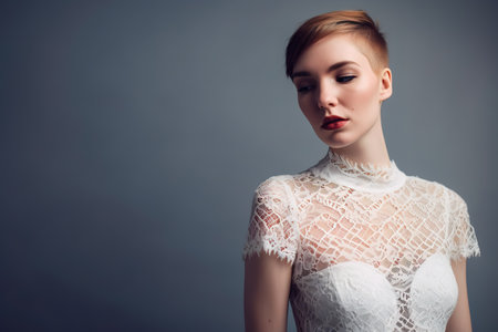 Beautiful red hair girl wearing old fashioned wedding dress. Studio shot over gray background with copy space. Generative AIの素材