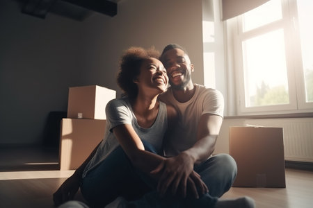Happy African American couple sitting on the floor of their new apartment with moving cardboard boxes behind. Generative AIの素材