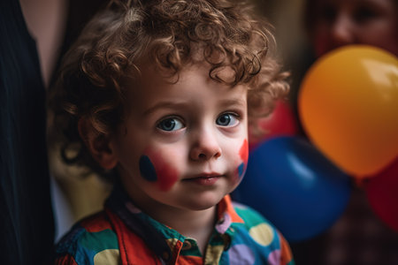 Cute portrait of toddler looking at camera with face painted in party. Generative AIの素材