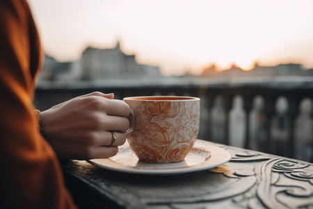 Close up shot of person having cup of coffee by the balcony at sunset. Generative AIの素材