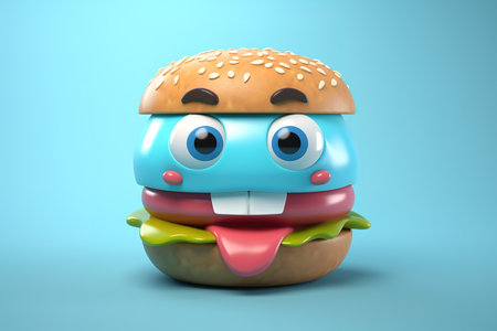 Cartoonish 3D colorful burger character over light blue background. Generative AI illustrationの素材