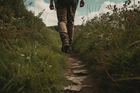 Close up shot of person hiking in mountain. Generative AIの素材