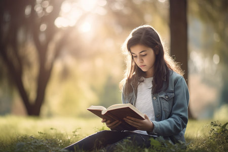 Gen Z girl reading while sitting on the grass in public park. Generative AIの素材