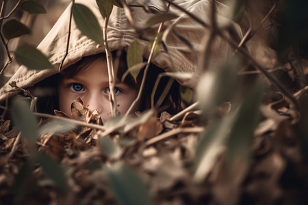 Child portrait playing hide and seek, hiding between tree branches. Generative AIの素材