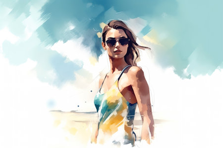 Watercolor illustration of woman in swimsuit at the beach. Generative AIの素材