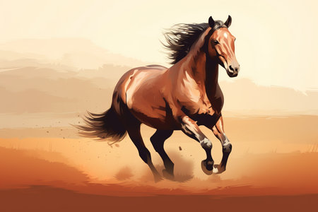 Digital art of wild horse running in rural area. Watercolor style. Generative AIの素材