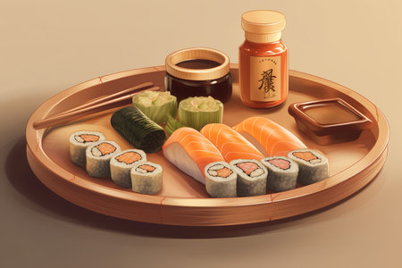 Realistic illustration of sushi plates. Close up shot. Generative AIの素材