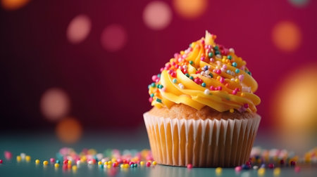 Close up shot of colorful cupcake over blurred bokeh background with copy space for text. Generative AIの素材