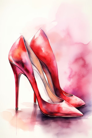 Watercolor illustration of elegant red high heels on white background. Generative AI vertical digital artの素材
