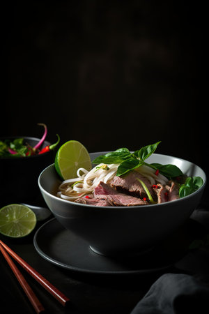 Gourmet photography of traditional bowl of pho. Dark background. Generative AI vertical shotの素材
