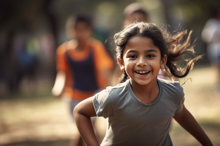 Little Latin American girl running happily while playing. Focus on foreground with copy space. Generative AIの素材