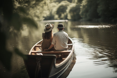 Romantic view of couple having a ride on boat on a tranquil boat. Generative AIの素材
