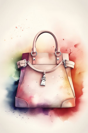 Watercolor digital illustration of women's handbag over white background. Generative AI vertical illustrationの素材