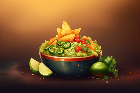 Illustration of bowl of guacamole served with nachos. Mexican food concept. Generative AIの素材