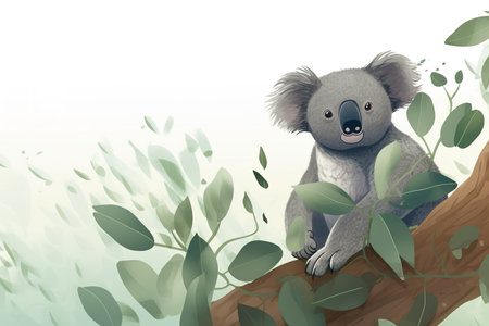 Cute illustration of koala in eucalyptus tree with copy space. Generative AIの素材
