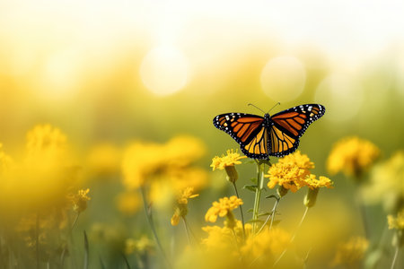 Monarch butterfly posing over field of yellow flowers. Bokeh effect, focus on foreground. Generative AIの素材