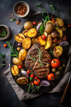Table top view of roasted beef served with grilled vegetables over black plate. Gourmet food photography. Generative AI vertical shotの素材