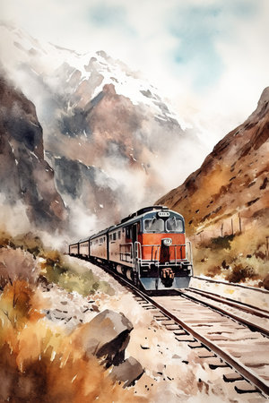 Watercolor painting of train among mountainside landscape. Generative AI vertical illustrationの素材