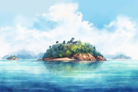 Island in the Caribbean sea, watercolor digital illustration. Generative AIの素材