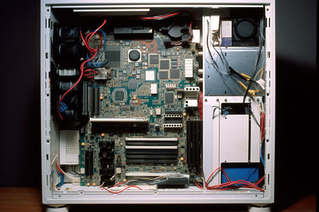 Top view close up shot of cabinet of desktop computer from the inside. Generative AIの素材
