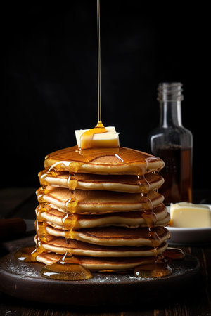 Gourmet photography of stack of browned delicious pancakes with maple syrups and butter over dark background. Generative AI vertical shotの素材