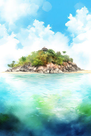Watercolor postcard of tropical island. Generative AI vertical illustrationの素材