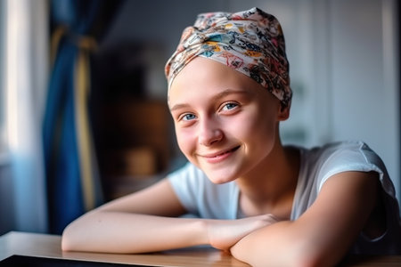 Young positive girl cancer patient wearing colorful headscarf and smiling at camera. Generative AIの素材