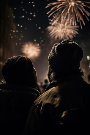 Back view of couple silhouettes watching fireworks at night. Generative AI vertical shotの素材