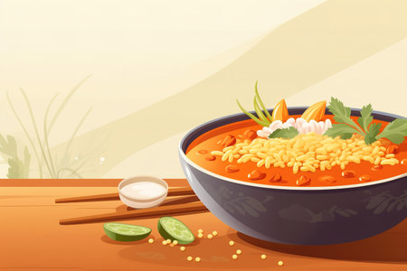 Digital illustration of bowl of curry with rice and veggies and chopsticks on the side. Copy space for text. Generative AIの素材