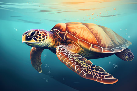 Digital illustration of turtle swimming under the blue ocean. Generative AIの素材