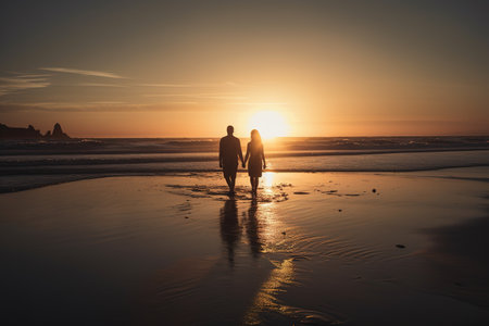 Silhouette of couple walking along the beach at sunset. Generative AIの素材