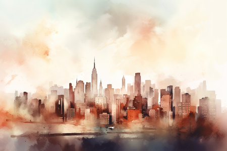 Watercolor illustration of big city landmark. Copy space for text. Generative AIの素材