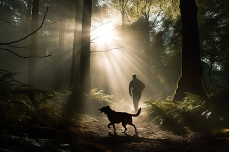 Silhouette of man running with his dog into the woods. Generative AIの素材