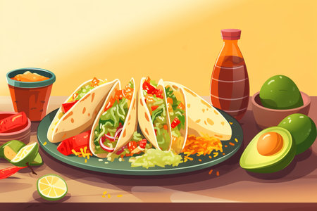 Digital illustration of Mexican tacos on wooden table. Generative AIの素材