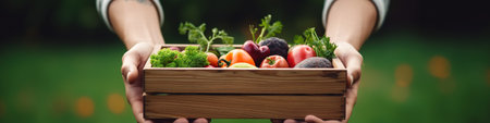 Close up shot of hands holding wooden box full of fresh fruits and vegetables. Bokeh background. Generative AIの素材