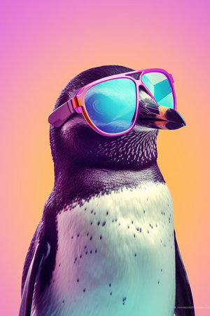 Funny penguin wearing cool modern sunglasses over colorful gradient background. Generative AI vertical illustrationの素材
