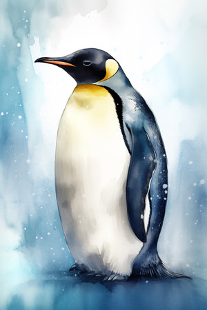 Cute waterfall digital art of penguin. Generative AI vertical illustrationの素材